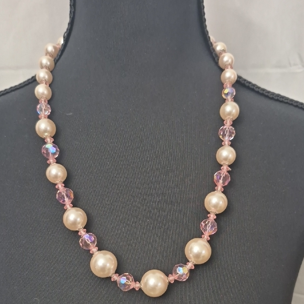 Elegant Faux Pearl and Pink Crystal Necklace